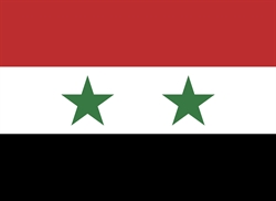 [ai] The national flag of Syria, featuring three horizontal stripes in red, white, and black, with two green stars centered on the white stripe.